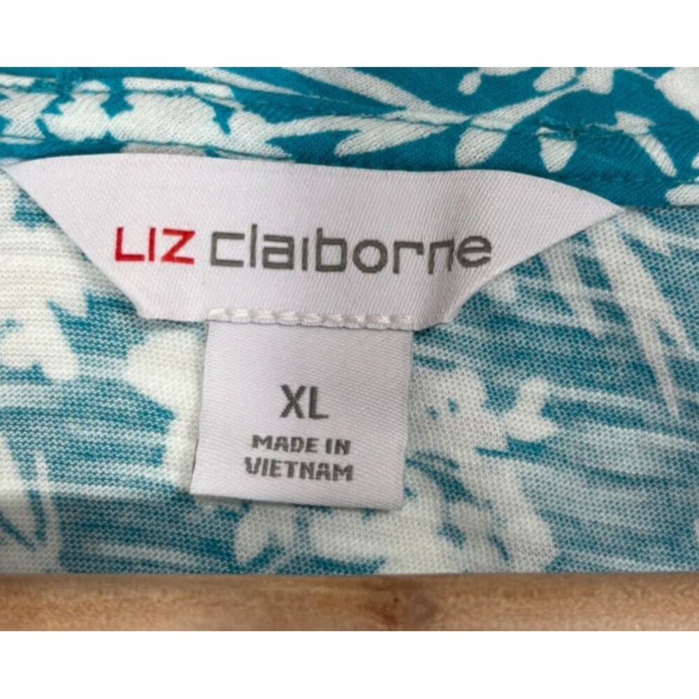 NWT Liz Claiborne Top Womens XL Turquoise Flutter Sleeve Tropical Cottage Casual - Picture 5 of 8